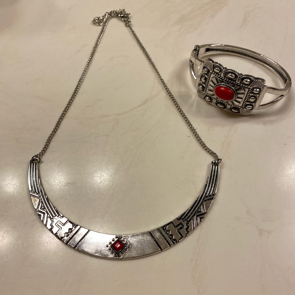 Paparazzi silver and red necklace and matching cuff set